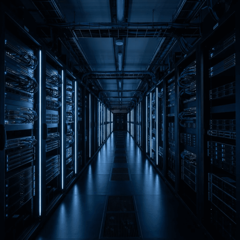 Enterprise data center with rows of illuminated server racks