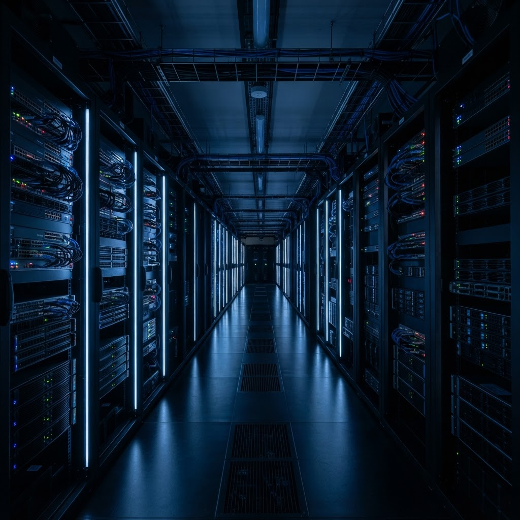 Enterprise data center with rows of illuminated server racks
